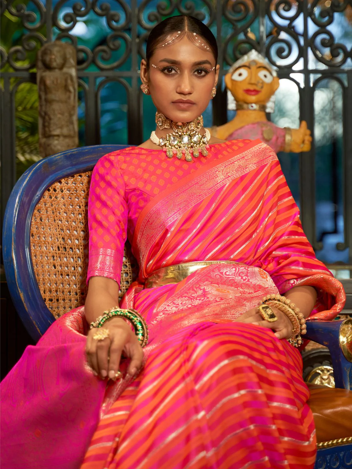 Odette Pink And Yellow Woven Design Silk Blend Saree With Unstitched Blouse For Women - Image 2