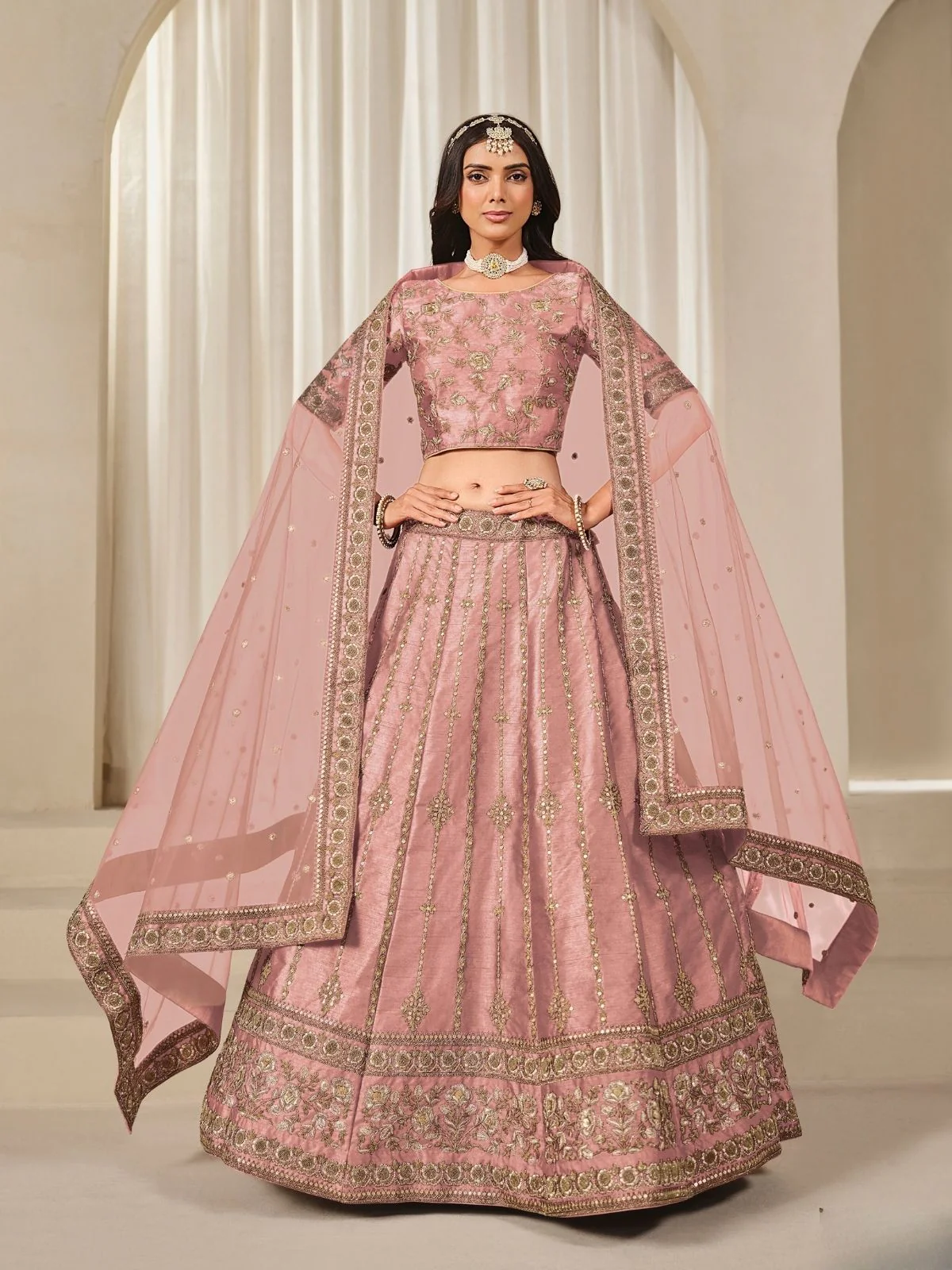 Odette Pink Art Silk Embroidered Semi-Stitched lehenga For Women - Image 2