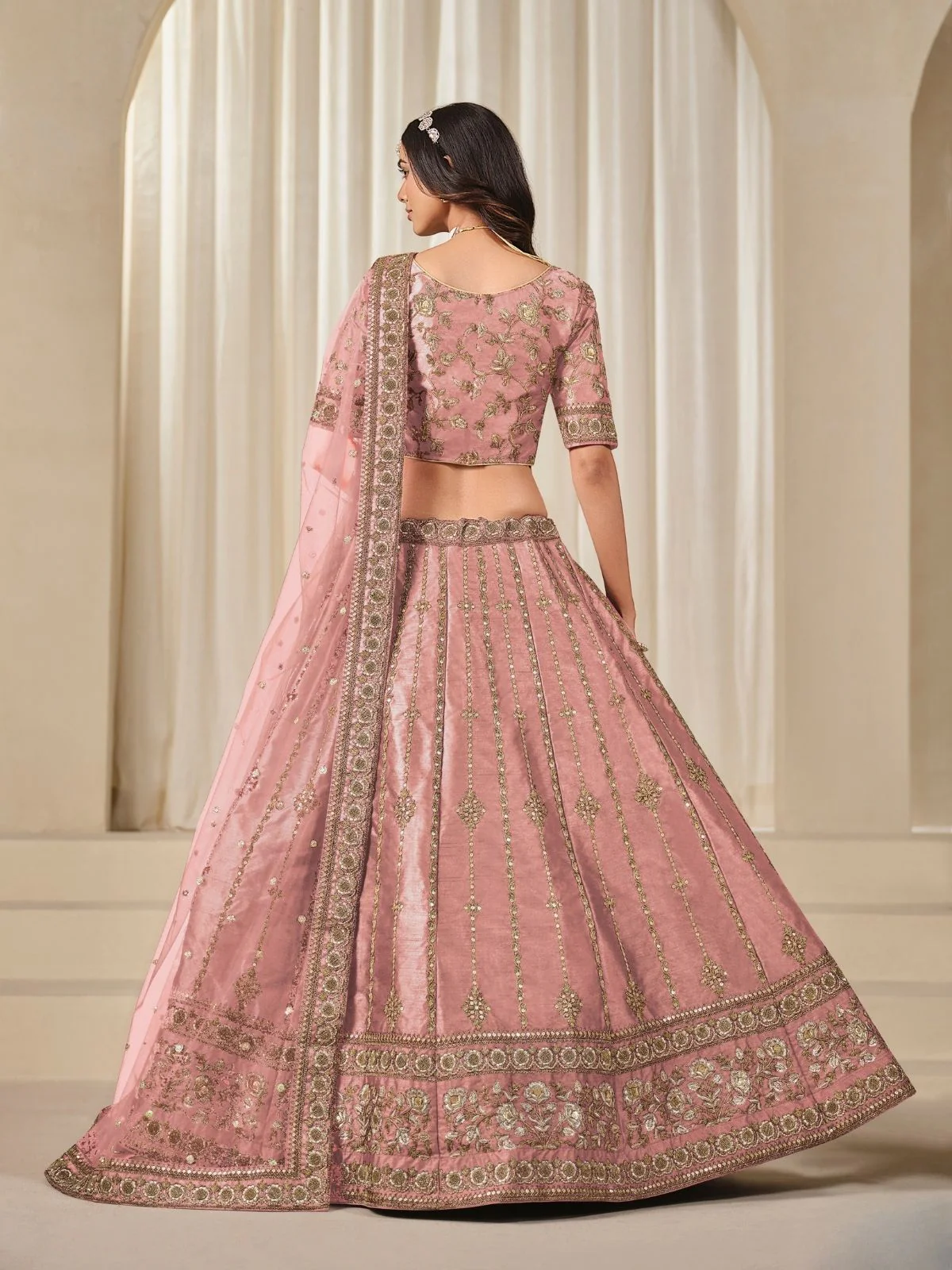Odette Pink Art Silk Embroidered Semi-Stitched lehenga For Women - Image 3