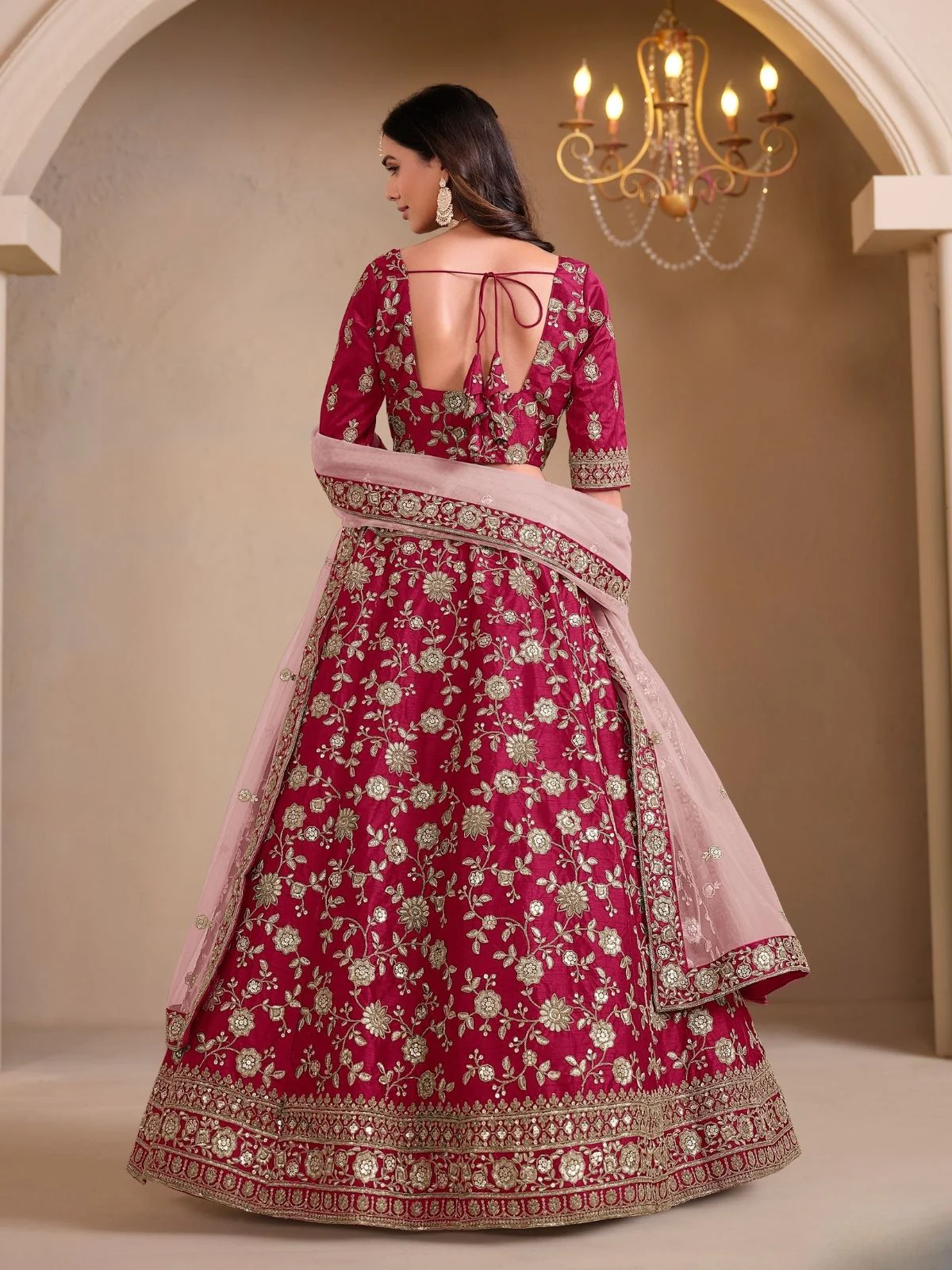 Odette Pink Art Silk Embroidered Semi-Stitched lehenga For Women - Image 3