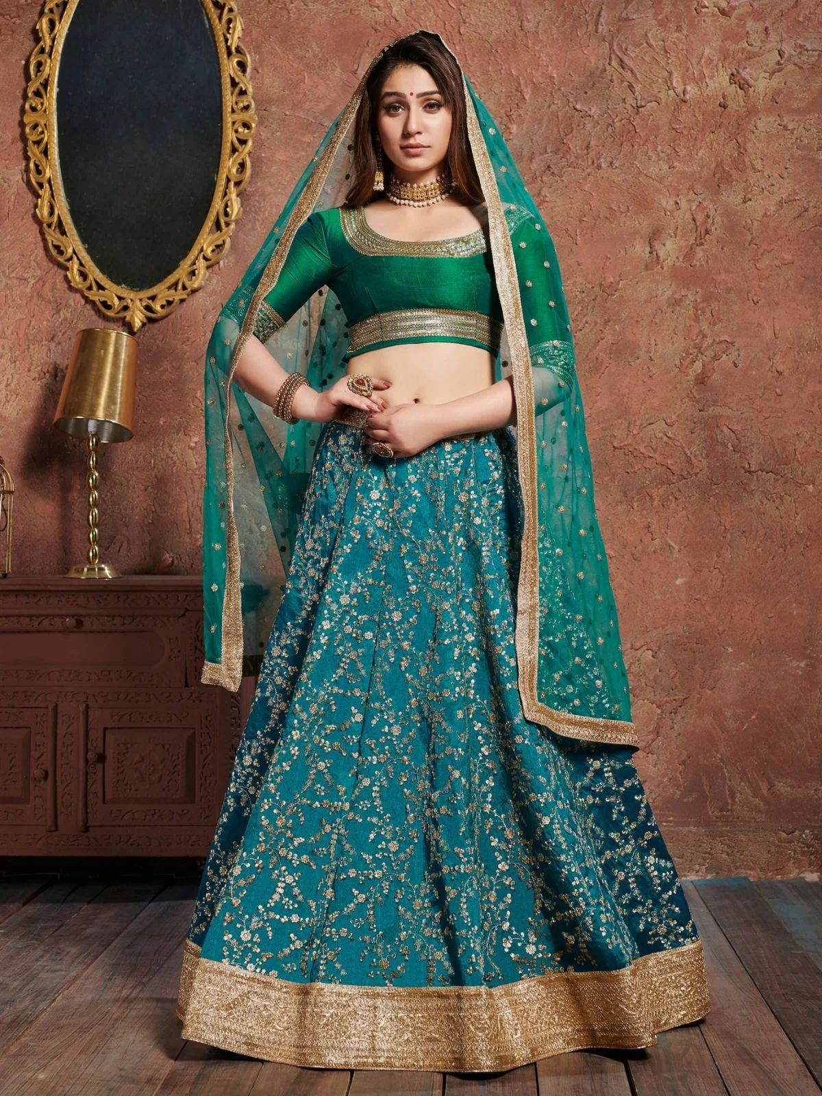 Odette Blue Art Silk Embroidered Semi Stitched Lehenga With Blouse For Women