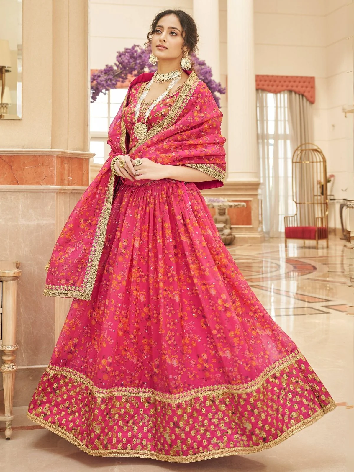 Odette Pink Art Silk Embroidered Semi Stitched Lehenga With Blouse For Women - Image 2