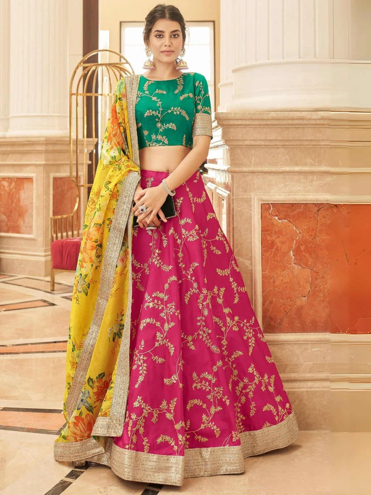 Odette Pink Art Silk Embroidered Semi Stitched Lehenga With Blouse For Women