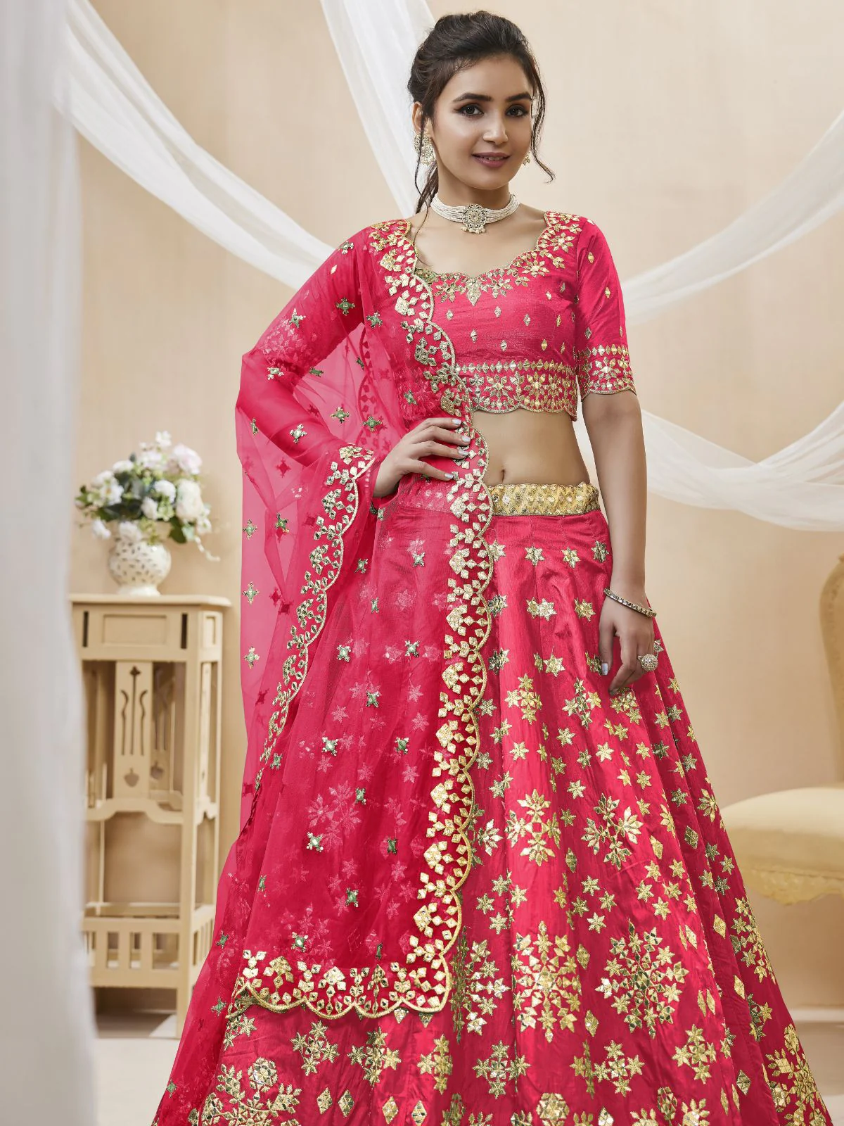 Odette Pink Art Silk Embroidered Semi Stitched Lehenga With Unstitched Blouse For Women - Image 4