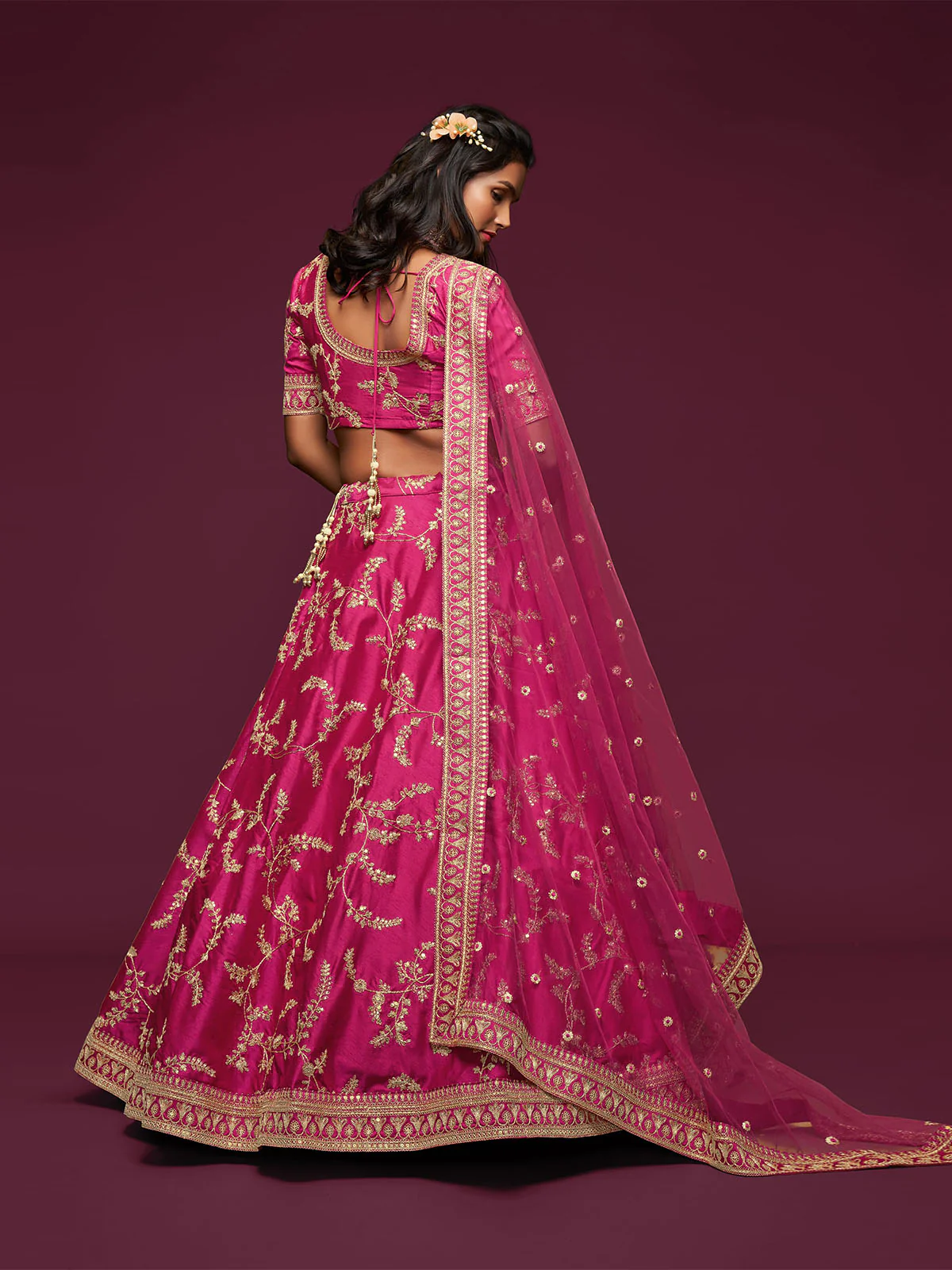Odette Pink Art Silk Embroidered Semi Stitched Lehenga With Unstitched Blouse For Women - Image 3