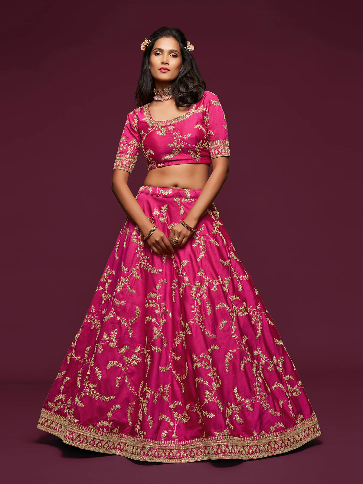 Odette Pink Art Silk Embroidered Semi Stitched Lehenga With Unstitched Blouse For Women - Image 4