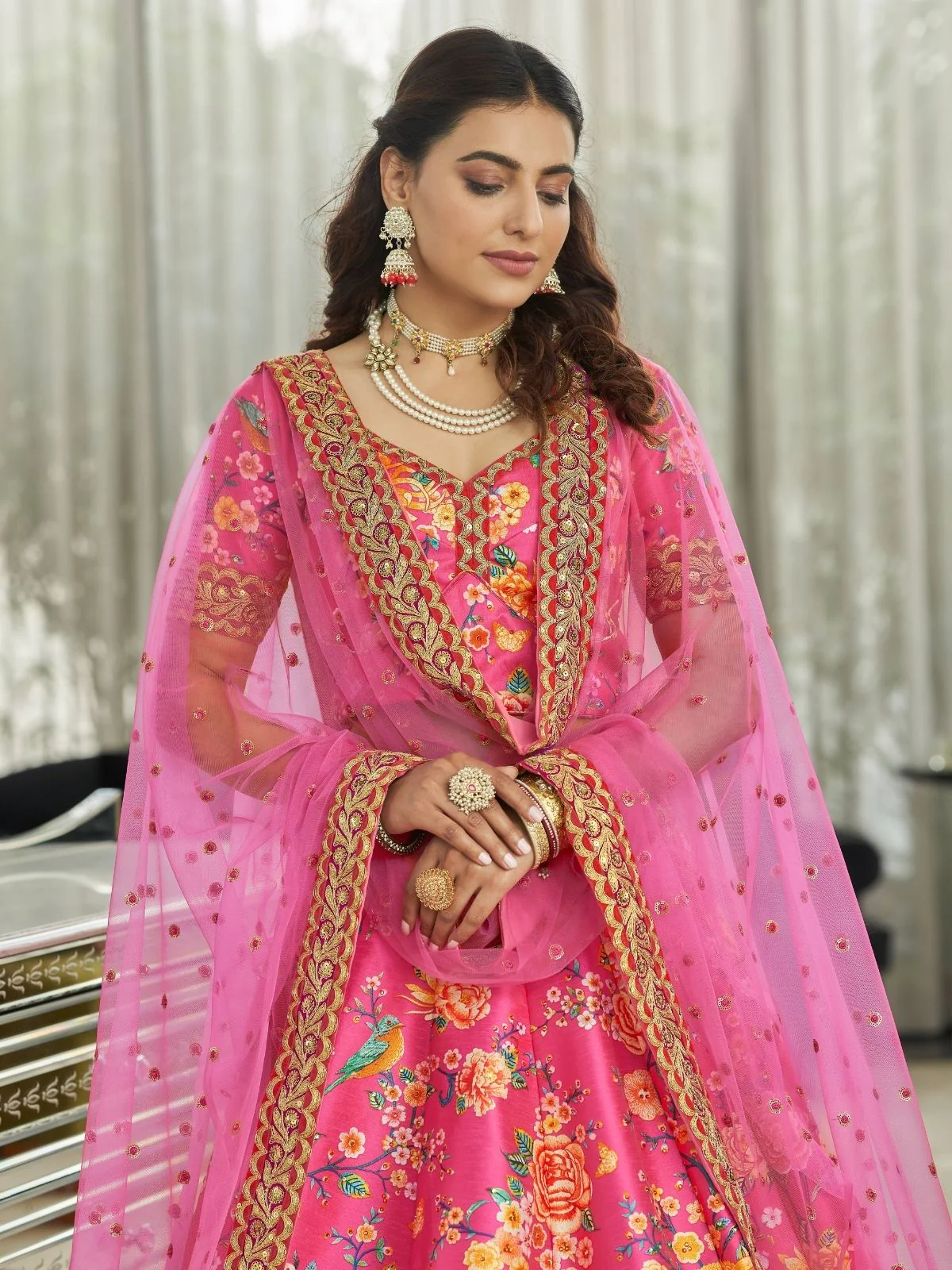 Odette Pink Art Silk Printed Semi Stitched Lehenga With Unstitched Blouse For Women - Image 3