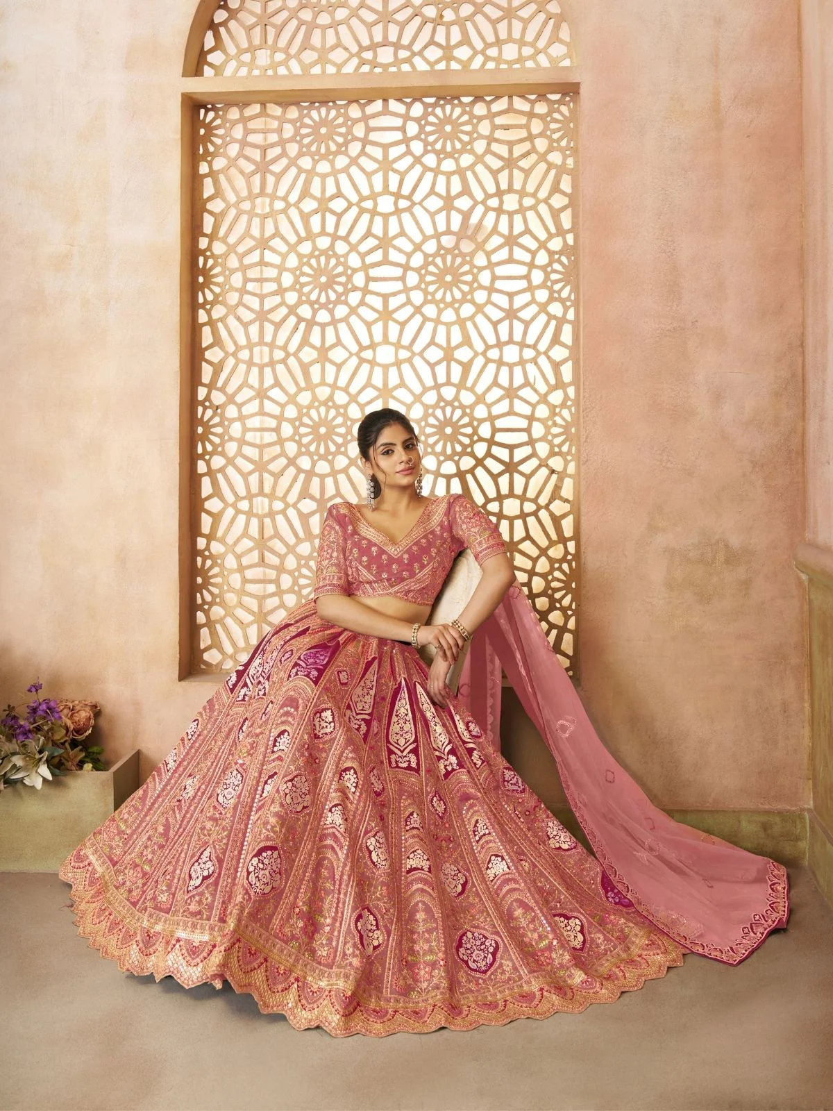 Odette Pink Banarasi Silk Embroidered Semi-Stitched Lehenga For Women - Image 3