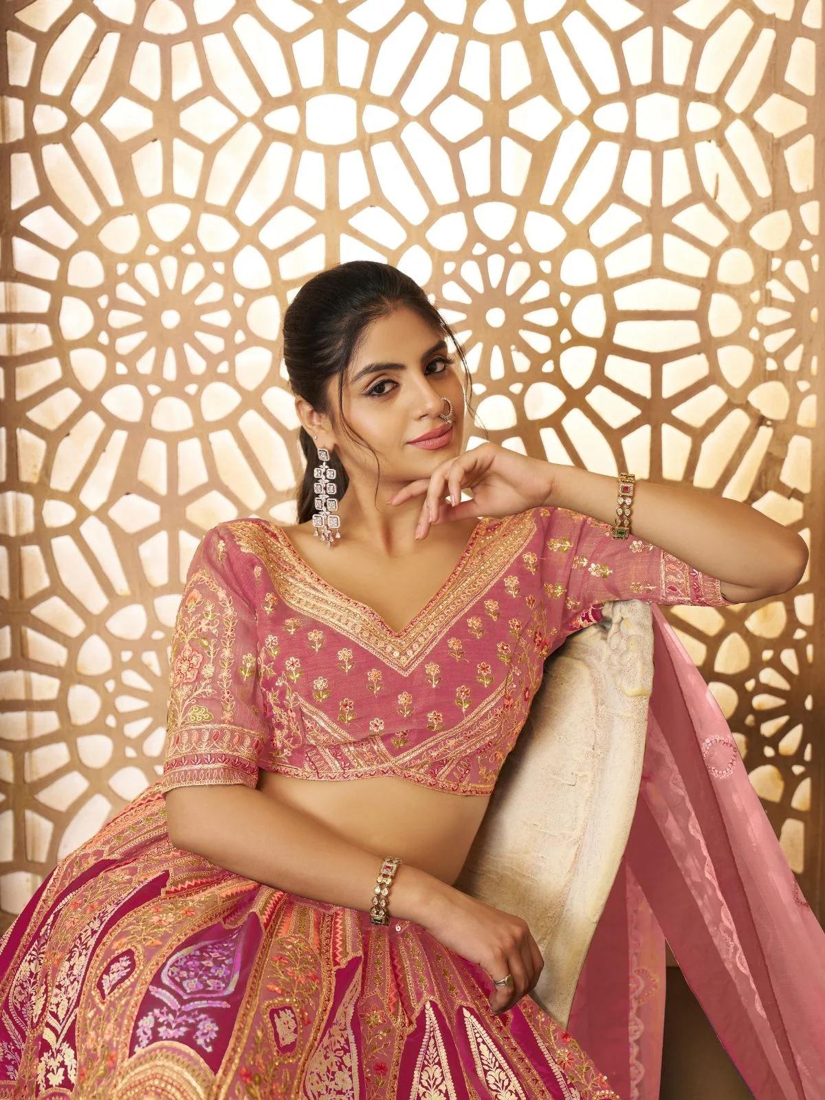 Odette Pink Banarasi Silk Embroidered Semi-Stitched Lehenga For Women - Image 4