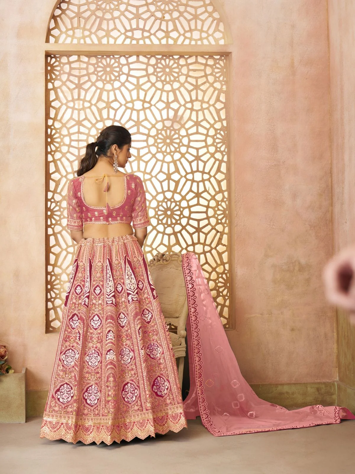 Odette Pink Banarasi Silk Embroidered Semi-Stitched Lehenga For Women - Image 5