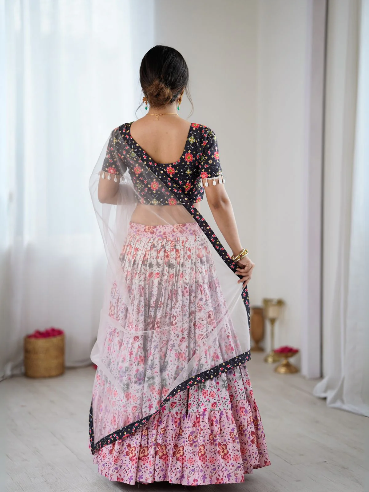 Odette Pink & Black Viscose Rayon Printed Lehenga For Women - Image 4
