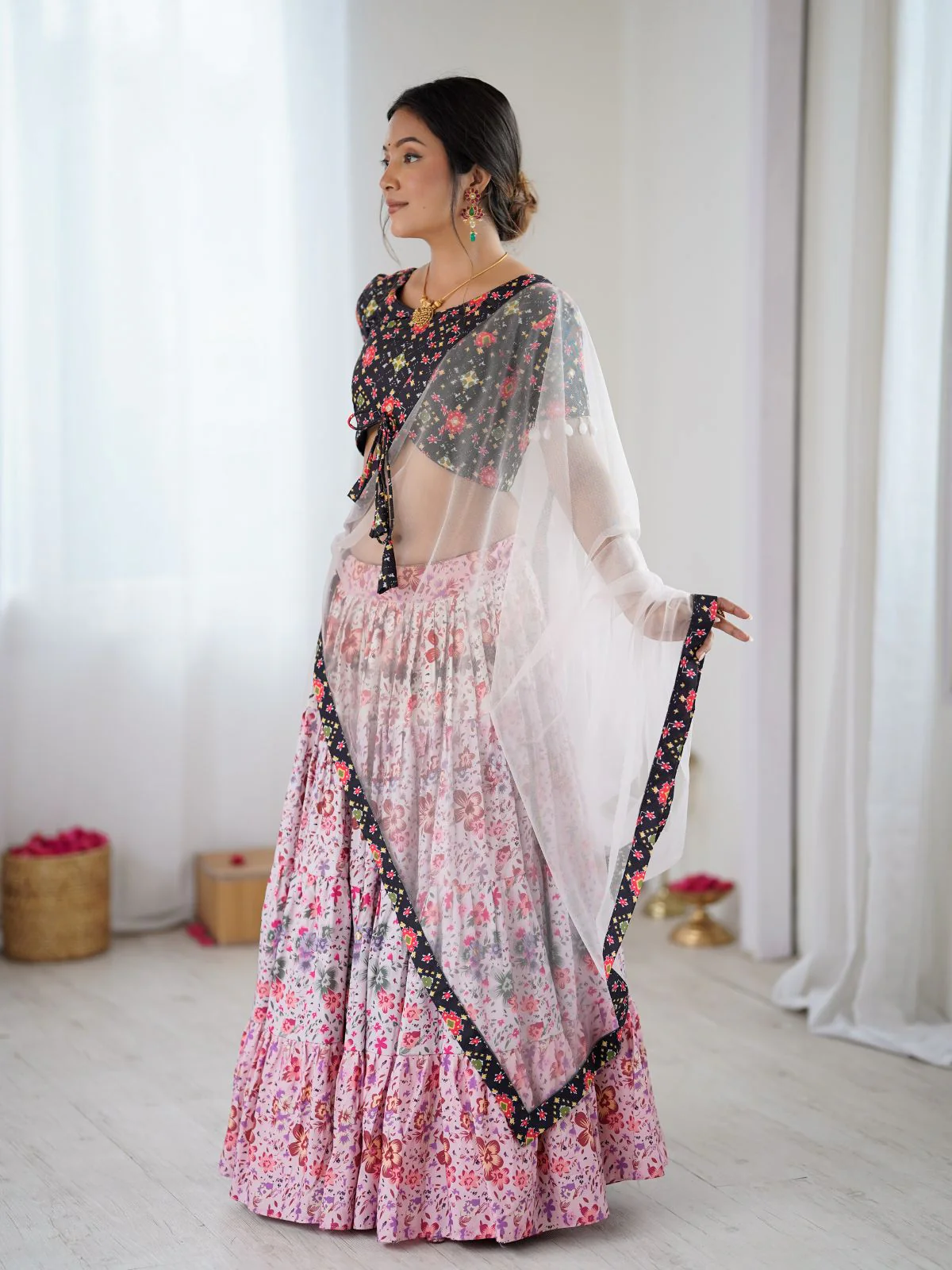 Odette Pink & Black Viscose Rayon Printed Lehenga For Women - Image 6