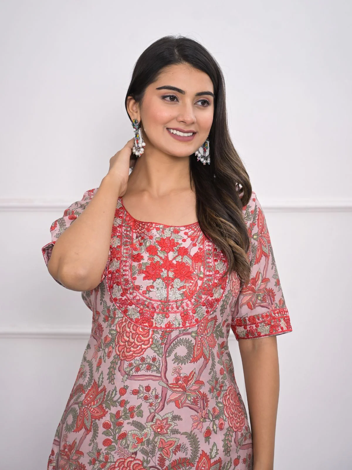 Odette Pink Chanderi Embroidered And Printed Stitched Kurta Set Without Dupatta For Women - Image 3