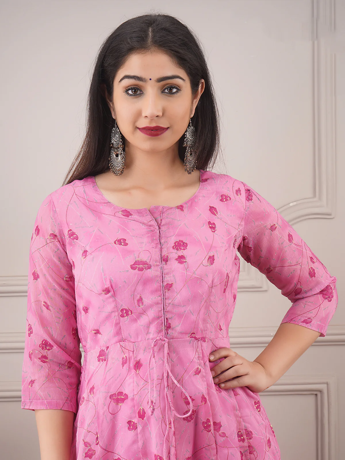 Odette Pink Chanderi Printed Stitched Gown for Women - Image 3