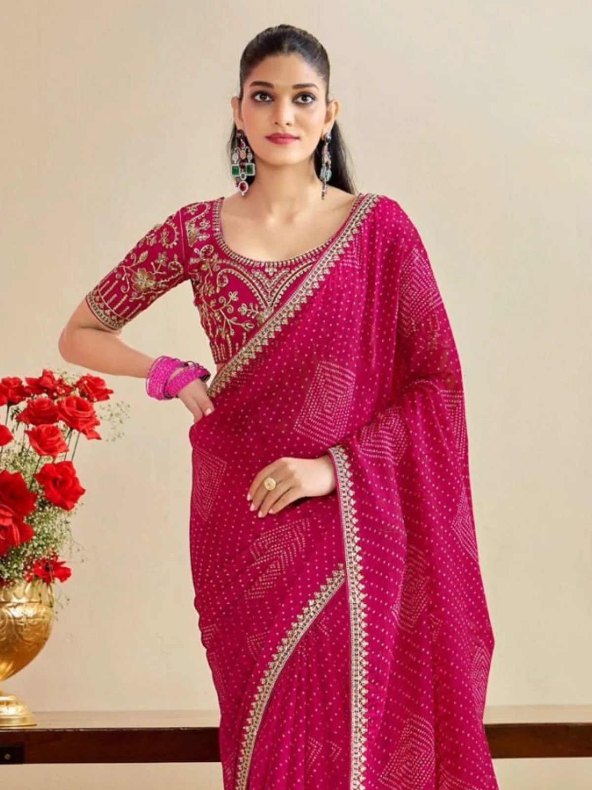 Odette Pink Chiffon Embellished Saree For Women - Image 2