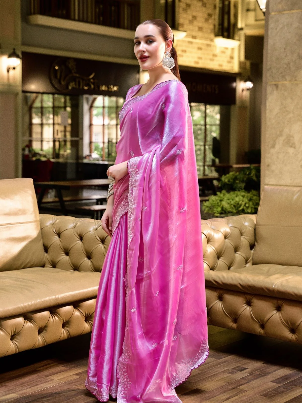 Odette Pink Chiffon Embellished Saree For Women - Image 2