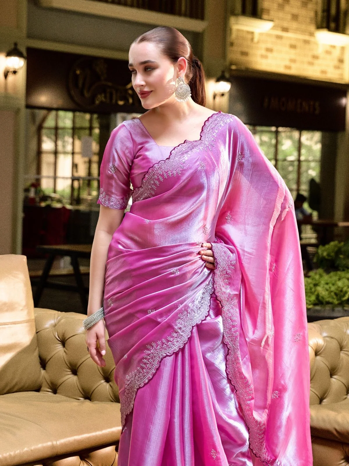Odette Pink Chiffon Embellished Saree For Women - Image 4