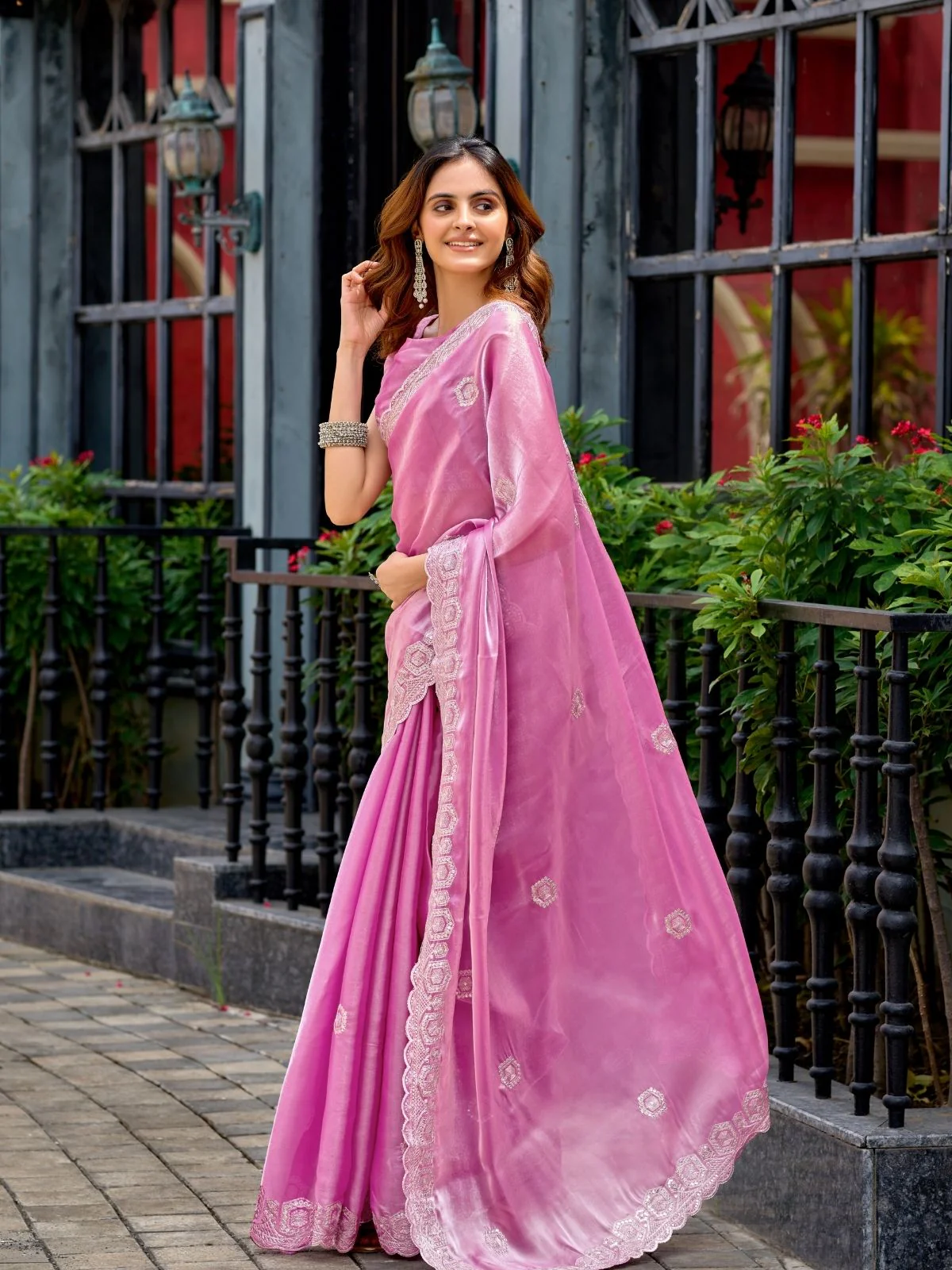 Odette Pink Chiffon Embellished Saree For Women - Image 2