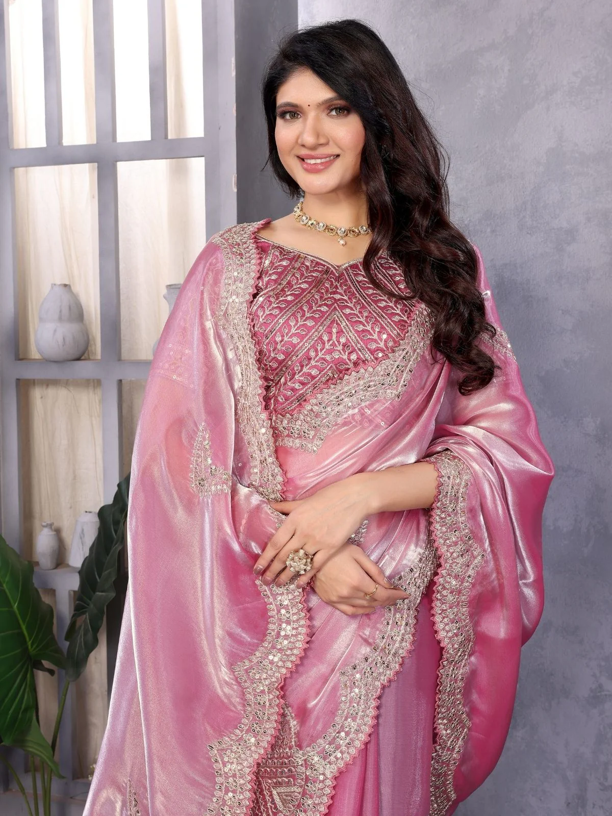 Odette Pink Chiffon Embroidered Saree For Women - Image 4