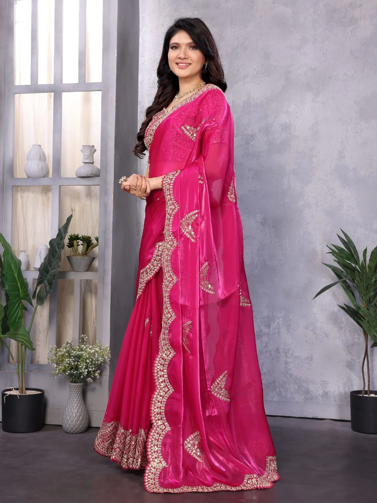 Odette Pink Chiffon Embroidered Saree For Women - Image 2