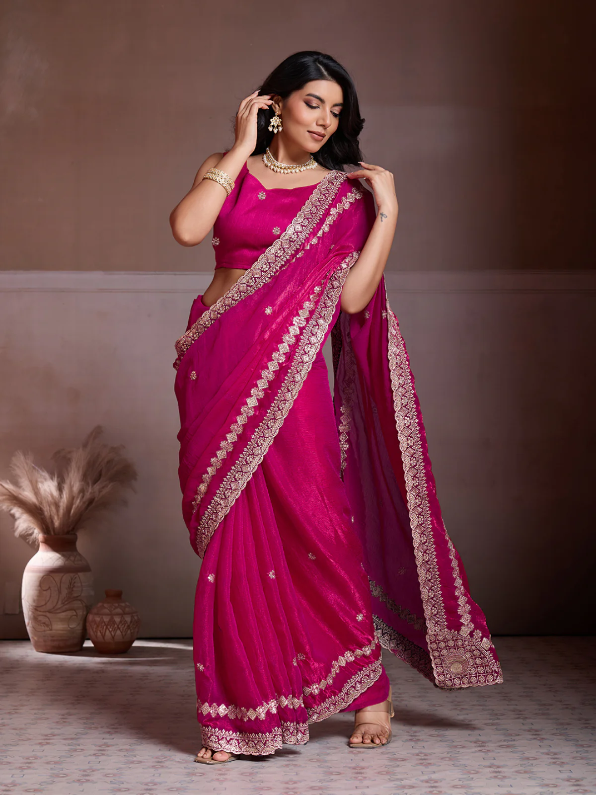 Odette Pink Chiffon Embroidered Saree For Women - Image 2