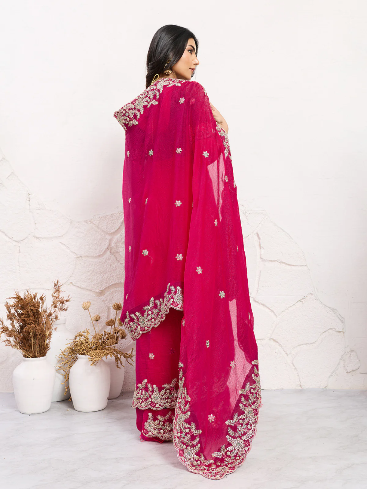 Odette Pink Chiffon Embroidered Saree For Women - Image 3