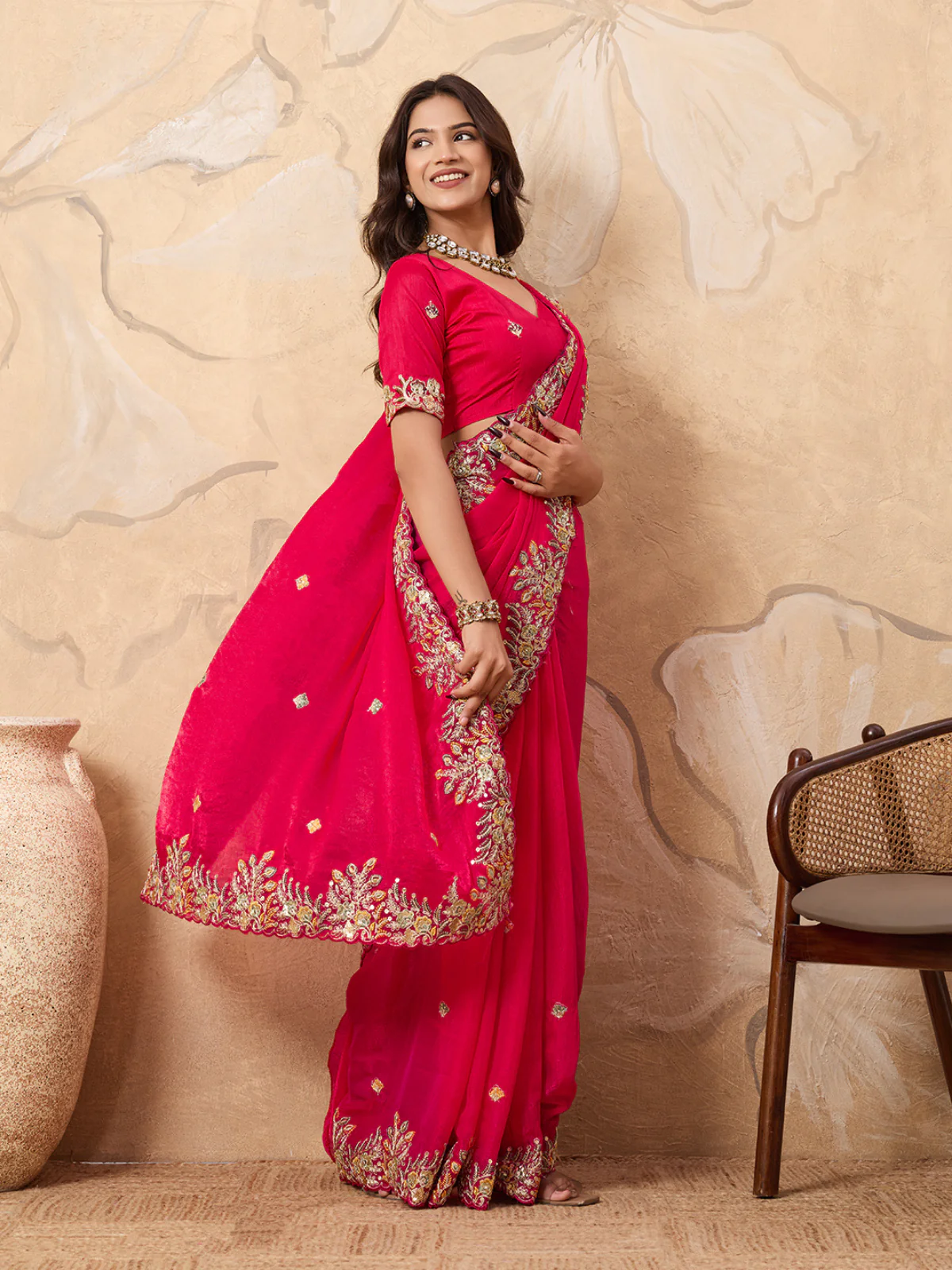 Odette Pink Chiffon Embroidered Saree For Women - Image 2