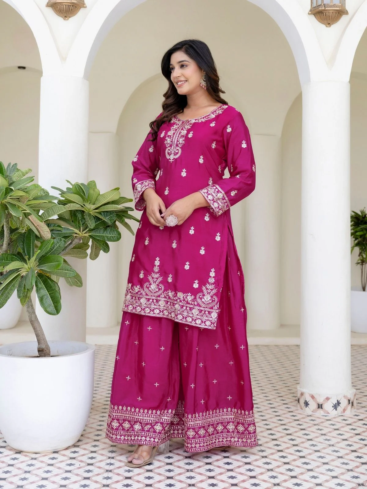 Odette Pink Chiffon Embroidered Stitched Kurta Set For Women - Image 2