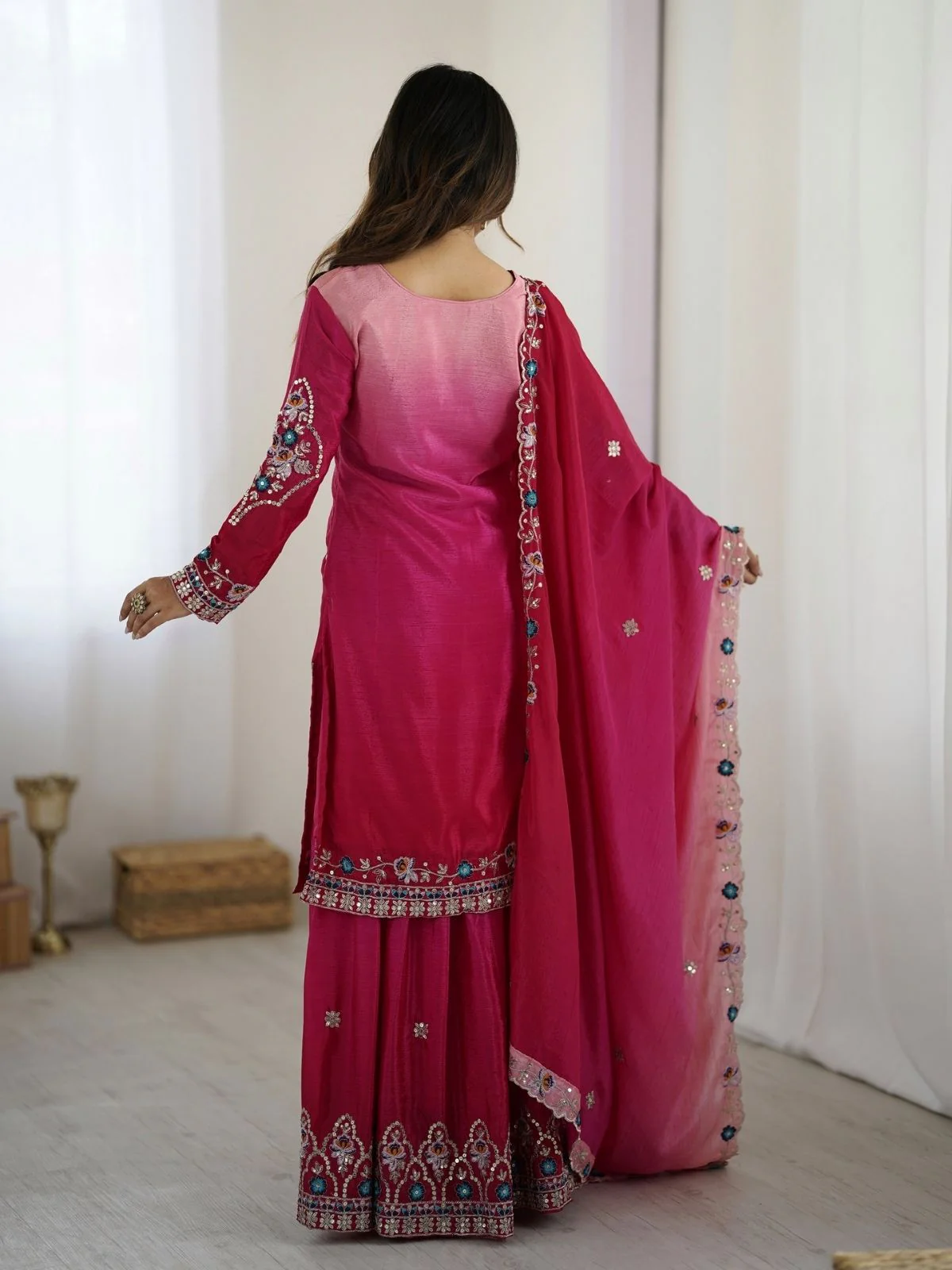 Odette Pink Chiffon Embroidered Stitched Kurta Set For Women - Image 2