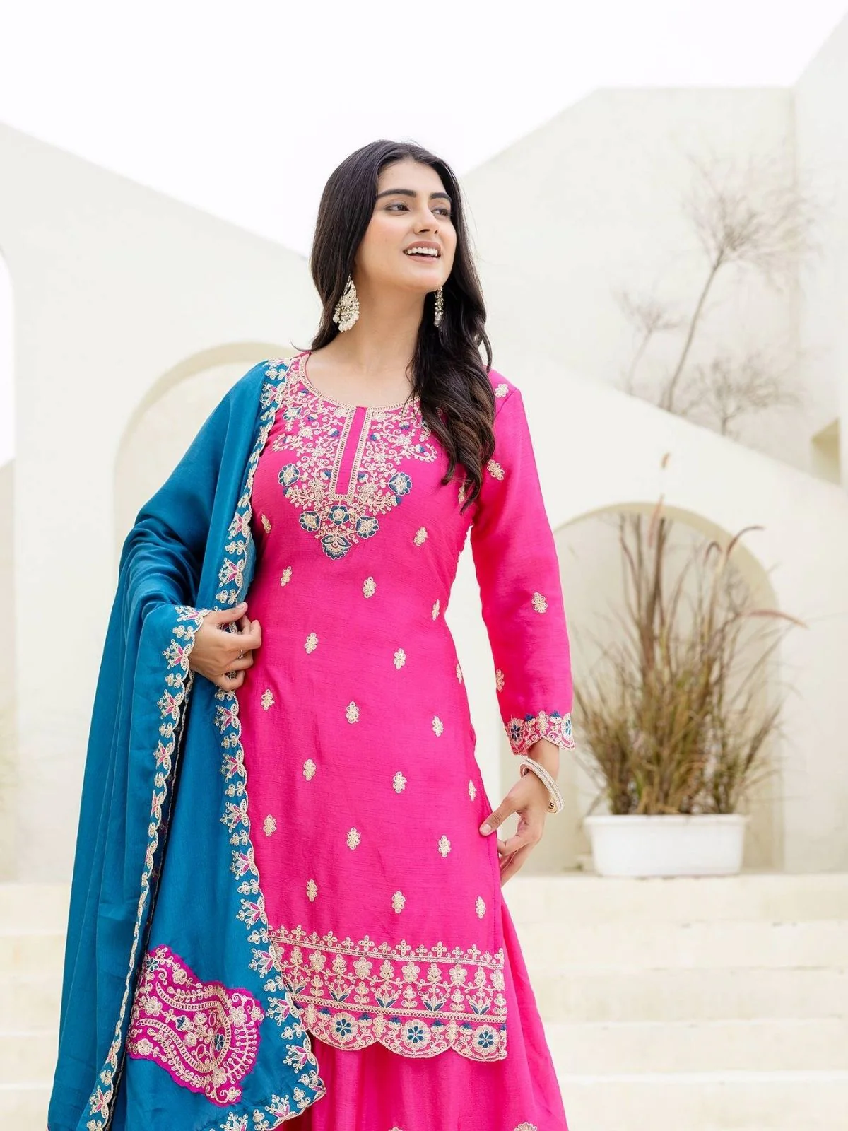 Odette Pink Chiffon Embroidered Stitched Kurta Set For Women - Image 3