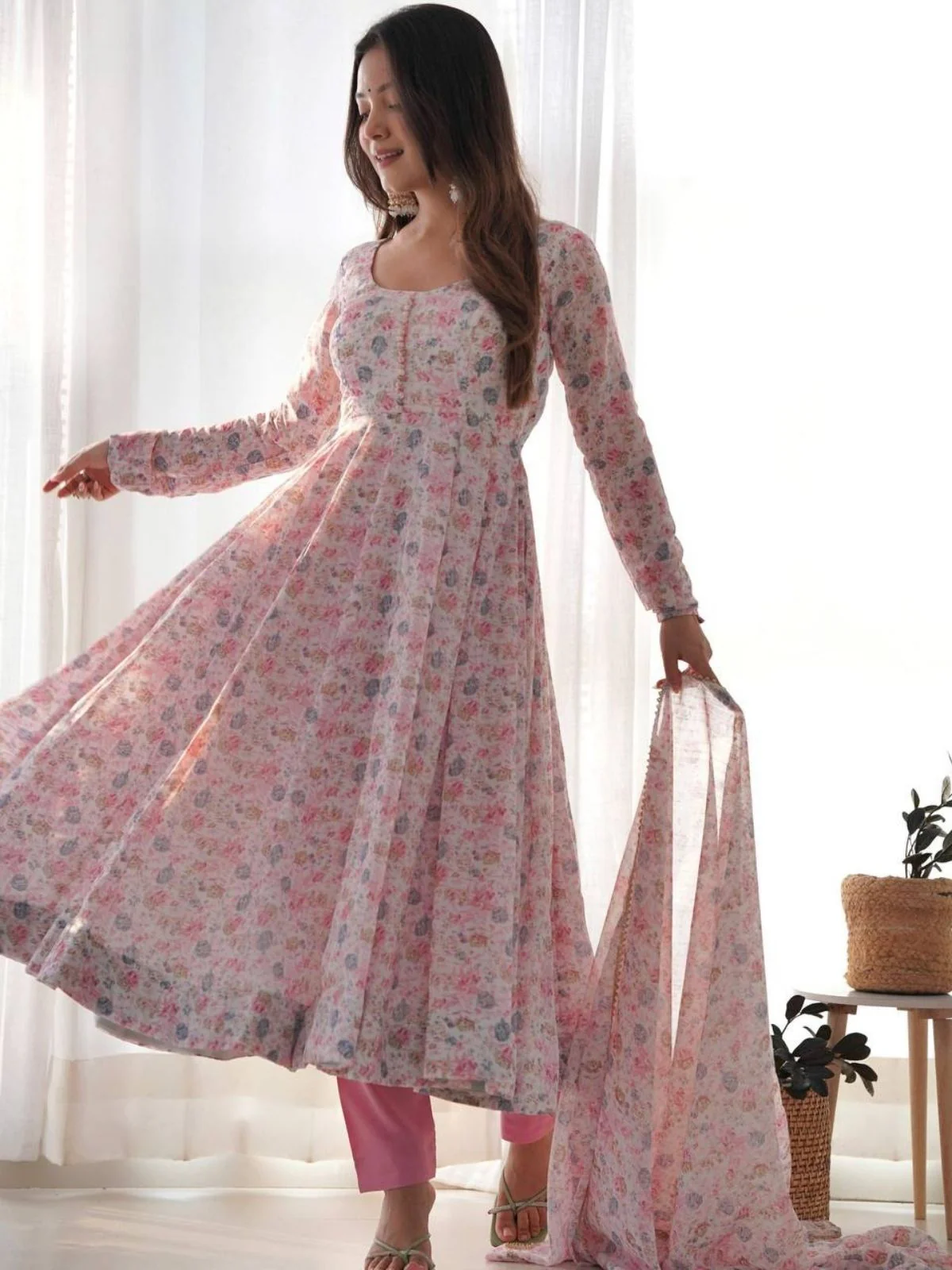 Odette Pink Chiffon Floral Digital Print Stitched Kurta Set For Women - Image 3
