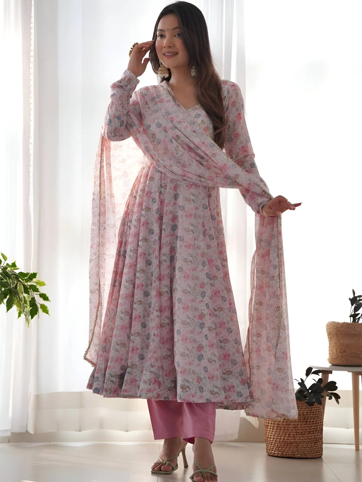 Odette Pink Chiffon Floral Digital Print Stitched Kurta Set For Women - Image 4