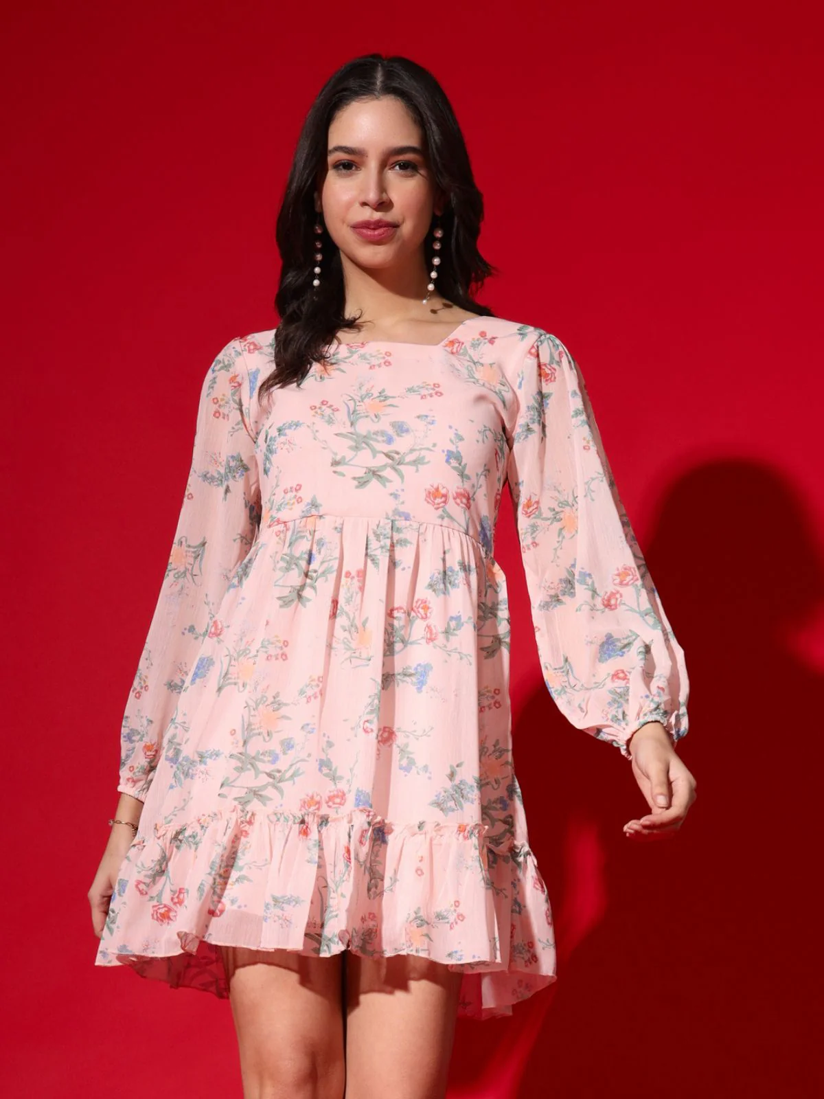 Odette Pink Chiffon Foil Printed Stitched Dress For Women - Image 2