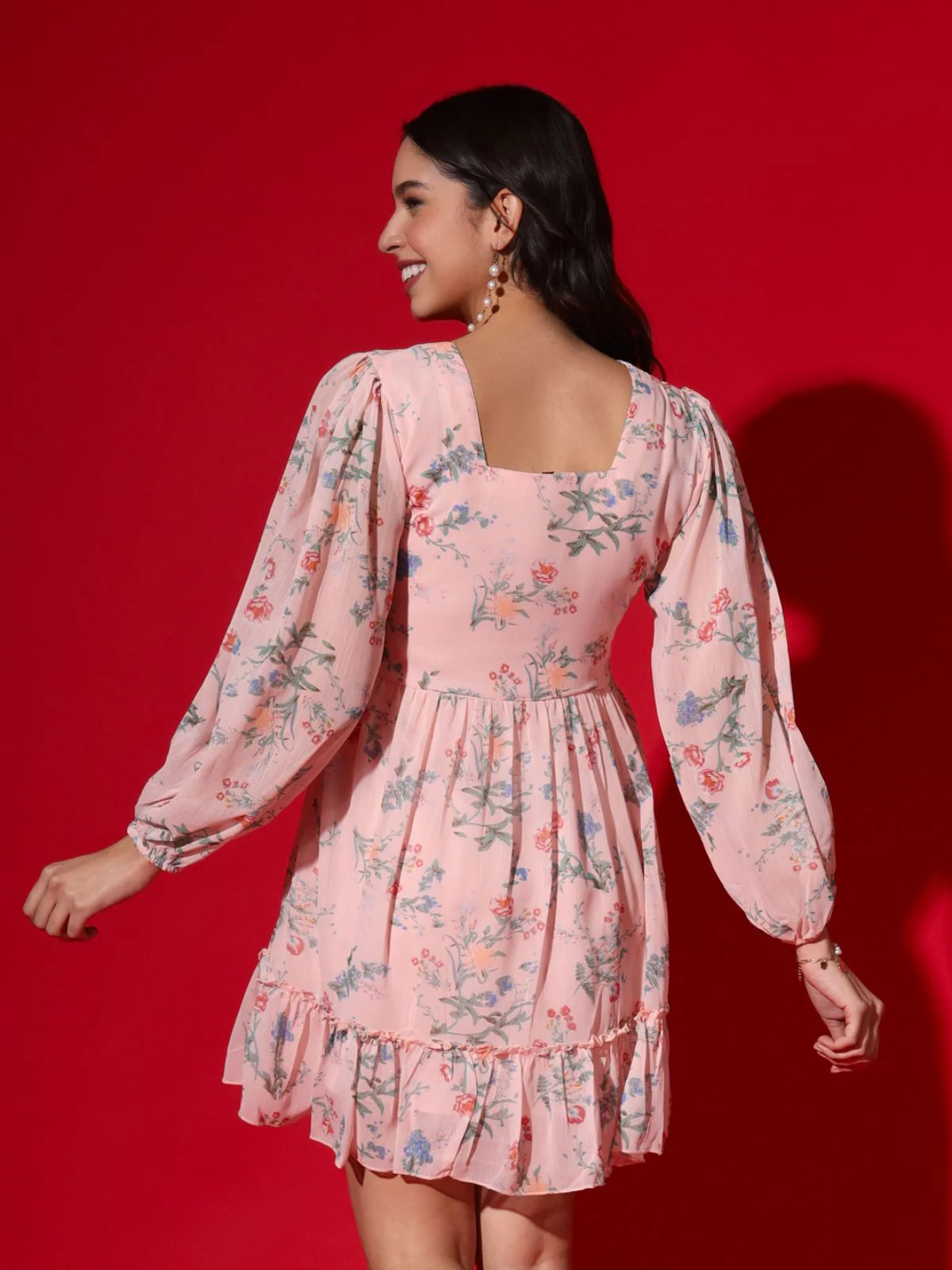 Odette Pink Chiffon Foil Printed Stitched Dress For Women - Image 5