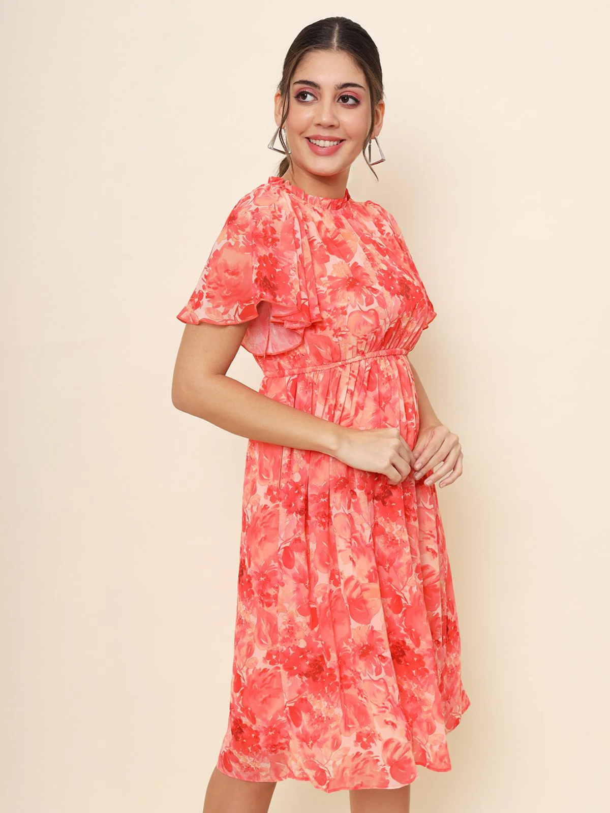 Odette Pink Chiffon Printed Stitched Dress For Women - Image 4