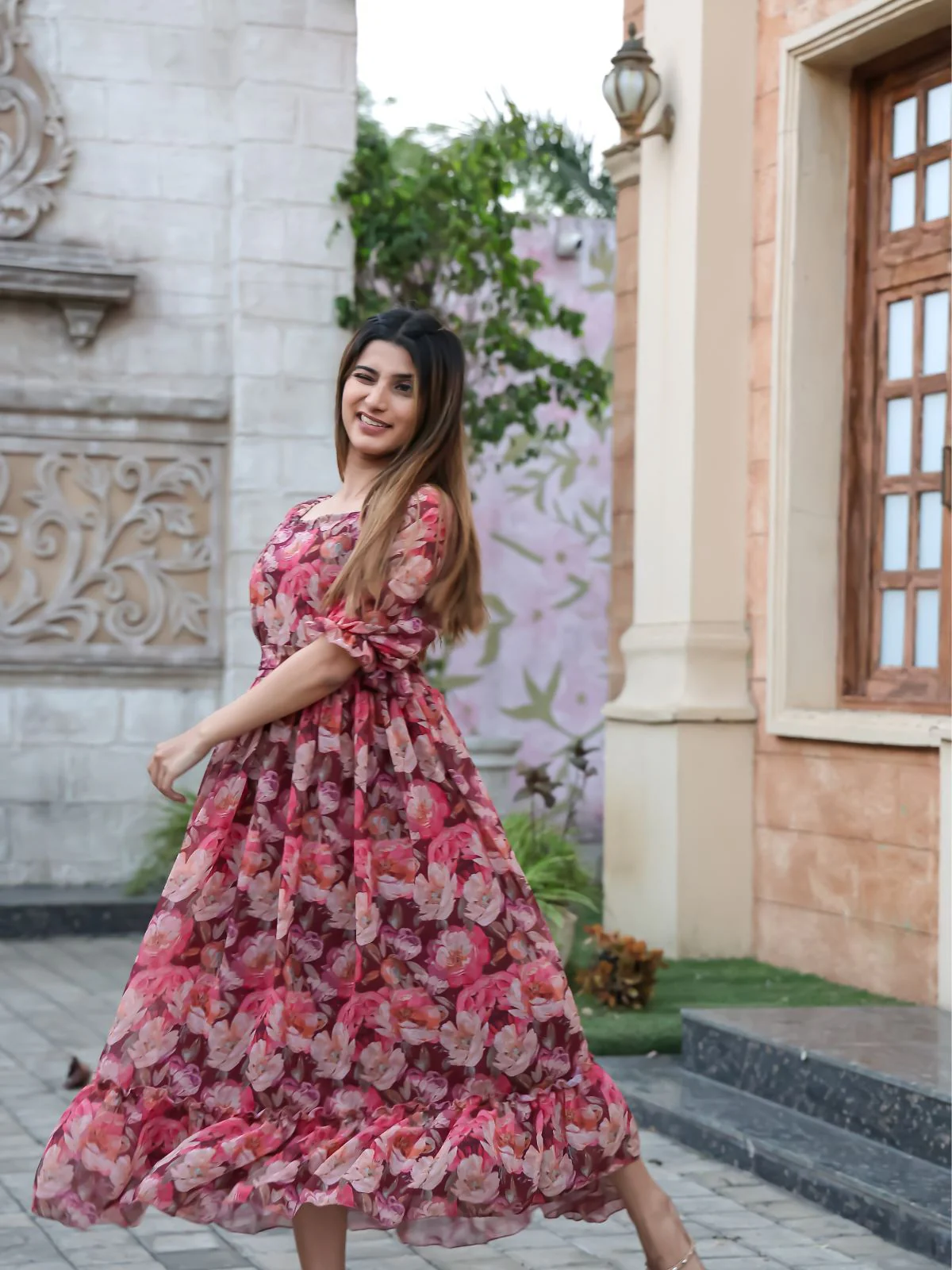 Odette Pink Chiffon Stitched Printed Indo Western Dress For Women - Image 3