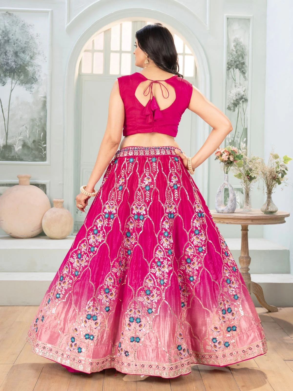 Odette Pink Chinon Embellished Semi Stitched Lehenga For Women - Image 3