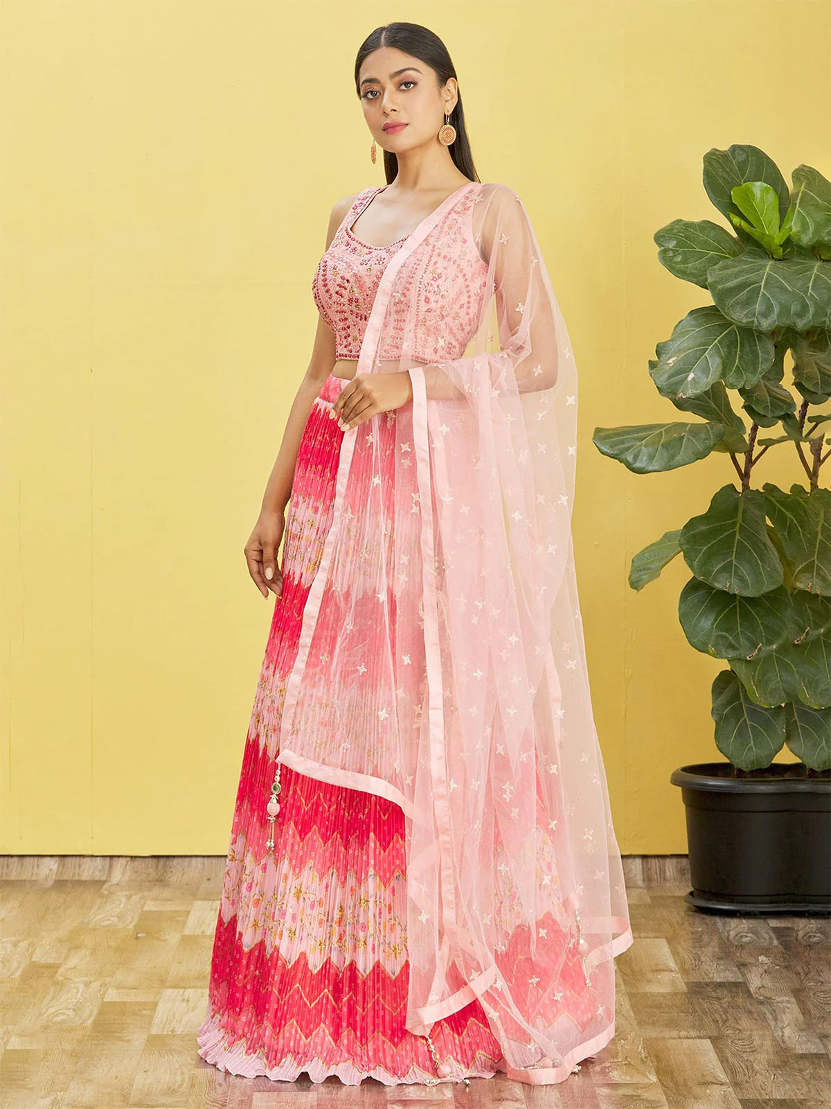Odette Pink Chinon Embellished Semi Stitched Lehenga With Unstitched Blouse For Women - Image 2