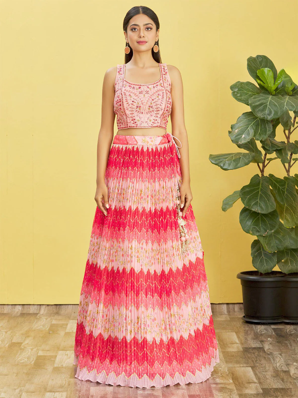 Odette Pink Chinon Embellished Semi Stitched Lehenga With Unstitched Blouse For Women - Image 4