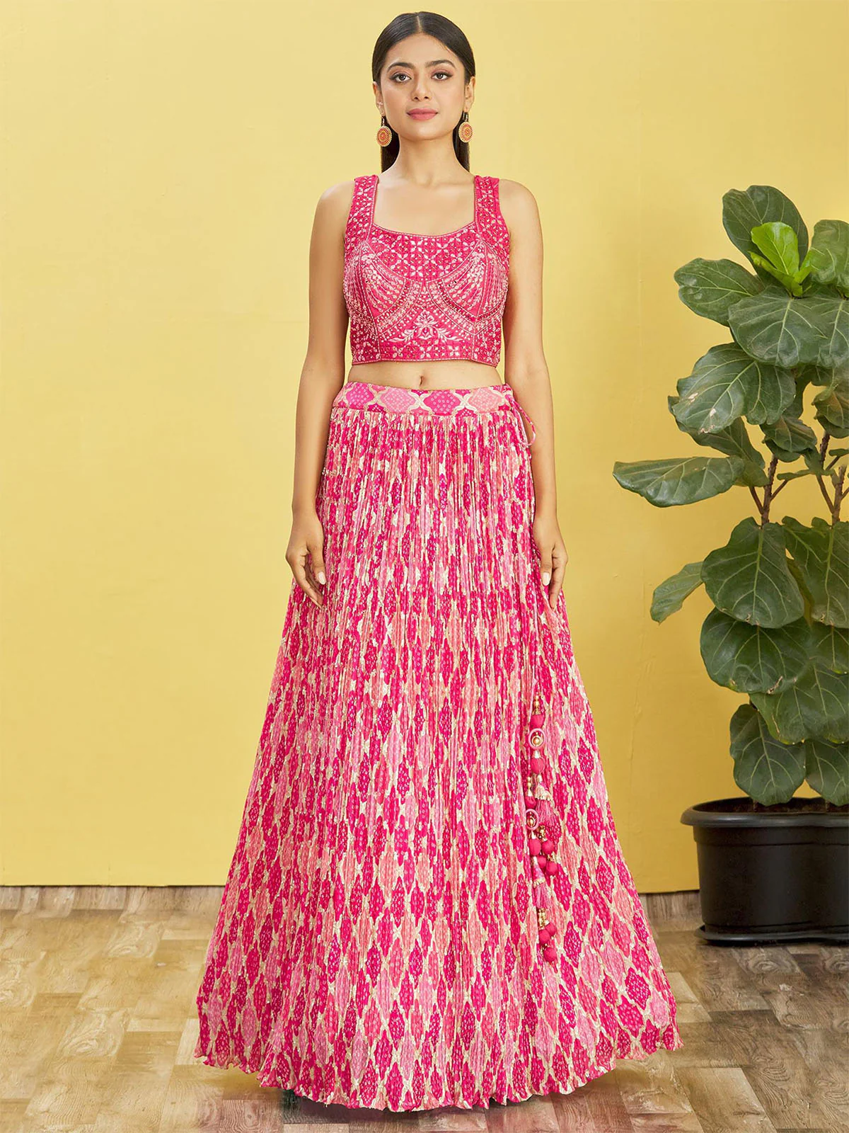 Odette Pink Chinon Embellished Semi Stitched Lehenga With Unstitched Blouse For Women - Image 4