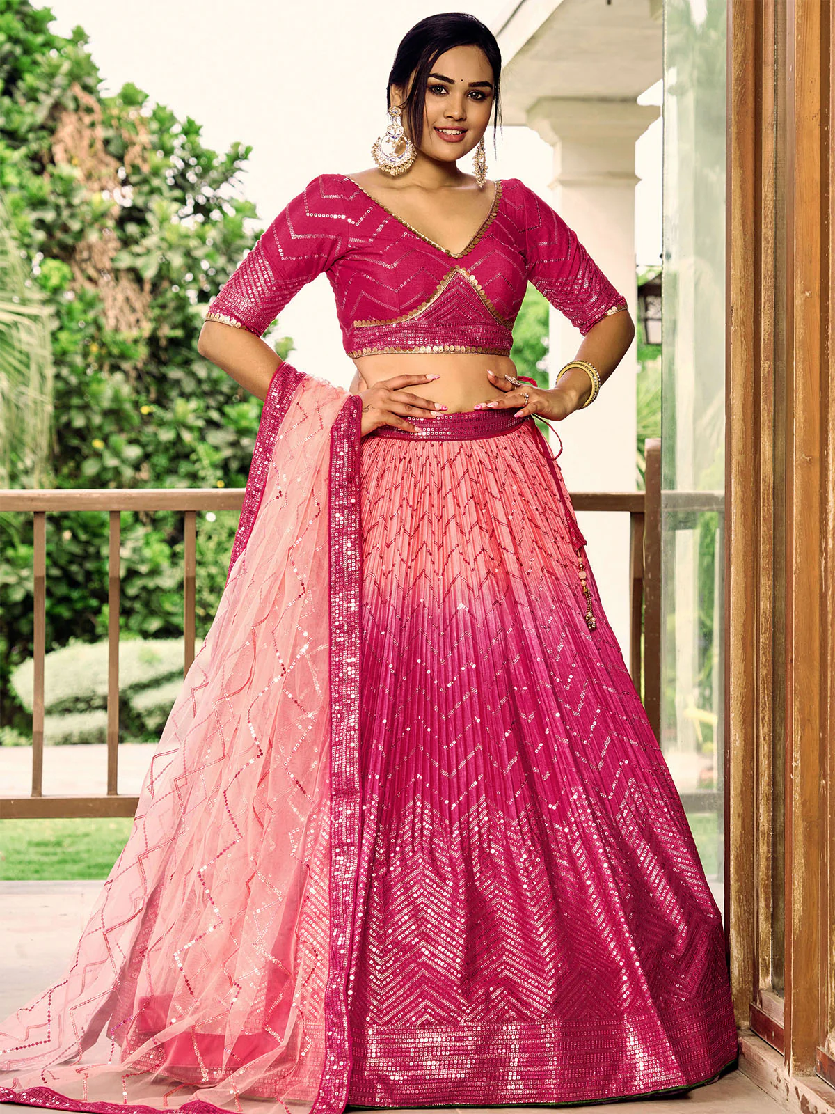 Odette Pink Chinon Embellished Semi Stitched Lehenga With Unstitched Blouse For Women - Image 2