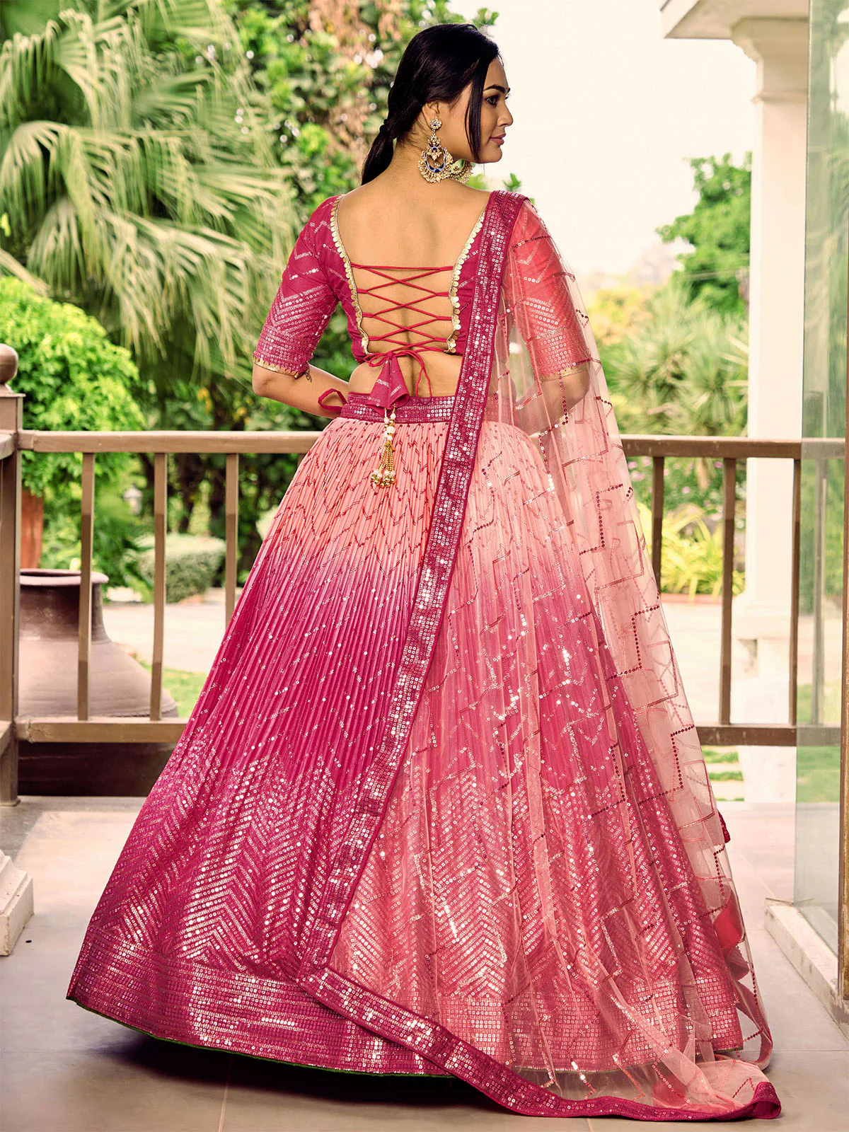 Odette Pink Chinon Embellished Semi Stitched Lehenga With Unstitched Blouse For Women - Image 3