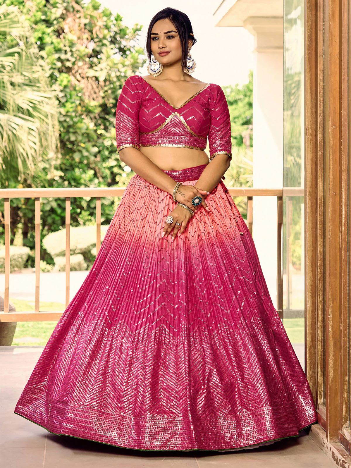 Odette Pink Chinon Embellished Semi Stitched Lehenga With Unstitched Blouse For Women - Image 4