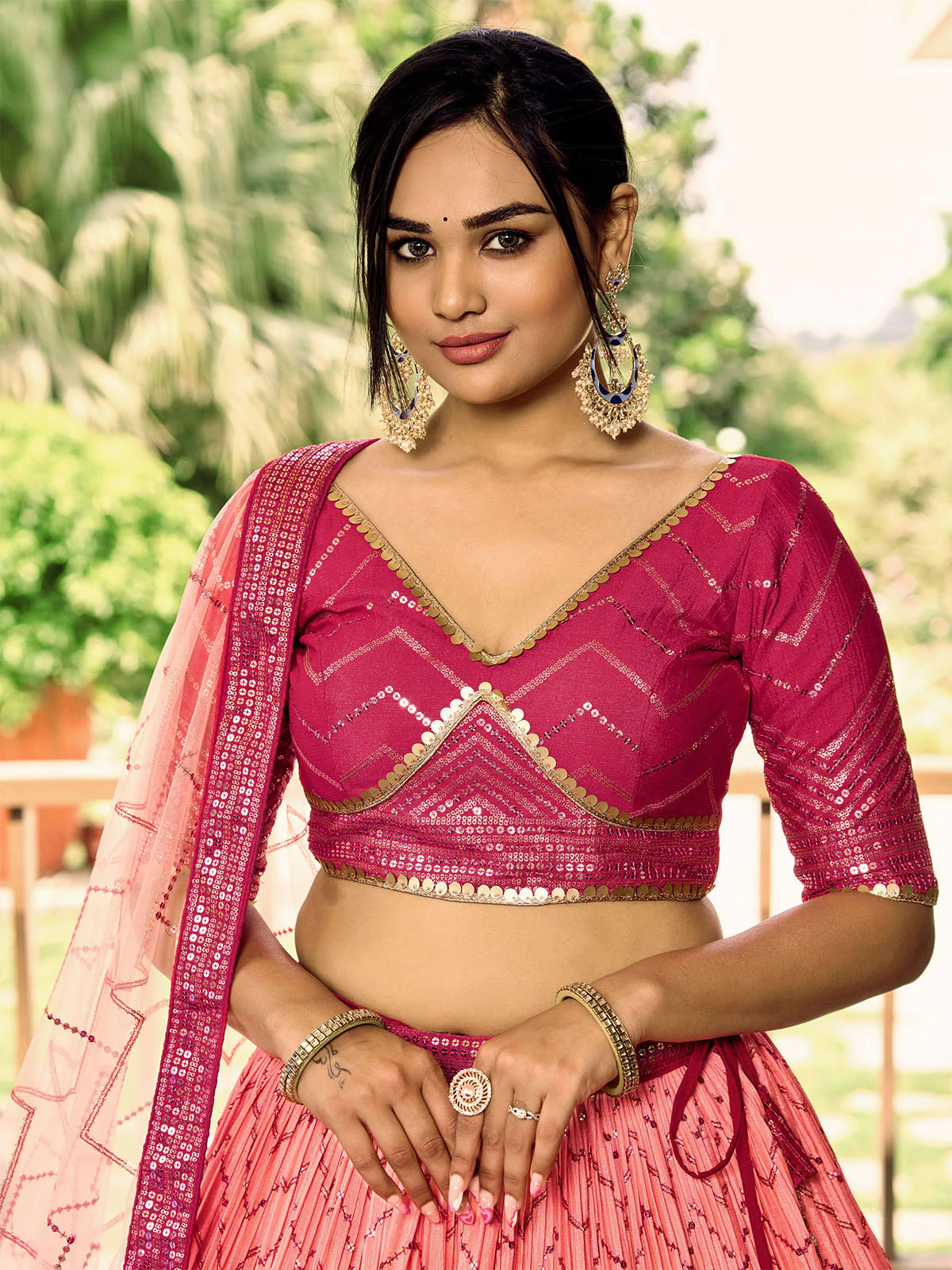 Odette Pink Chinon Embellished Semi Stitched Lehenga With Unstitched Blouse For Women - Image 5