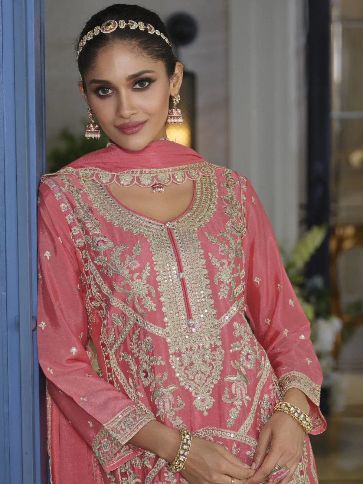 Odette Pink Chinon Embroidered Semi-Stitched Kurta Set For Women - Image 2
