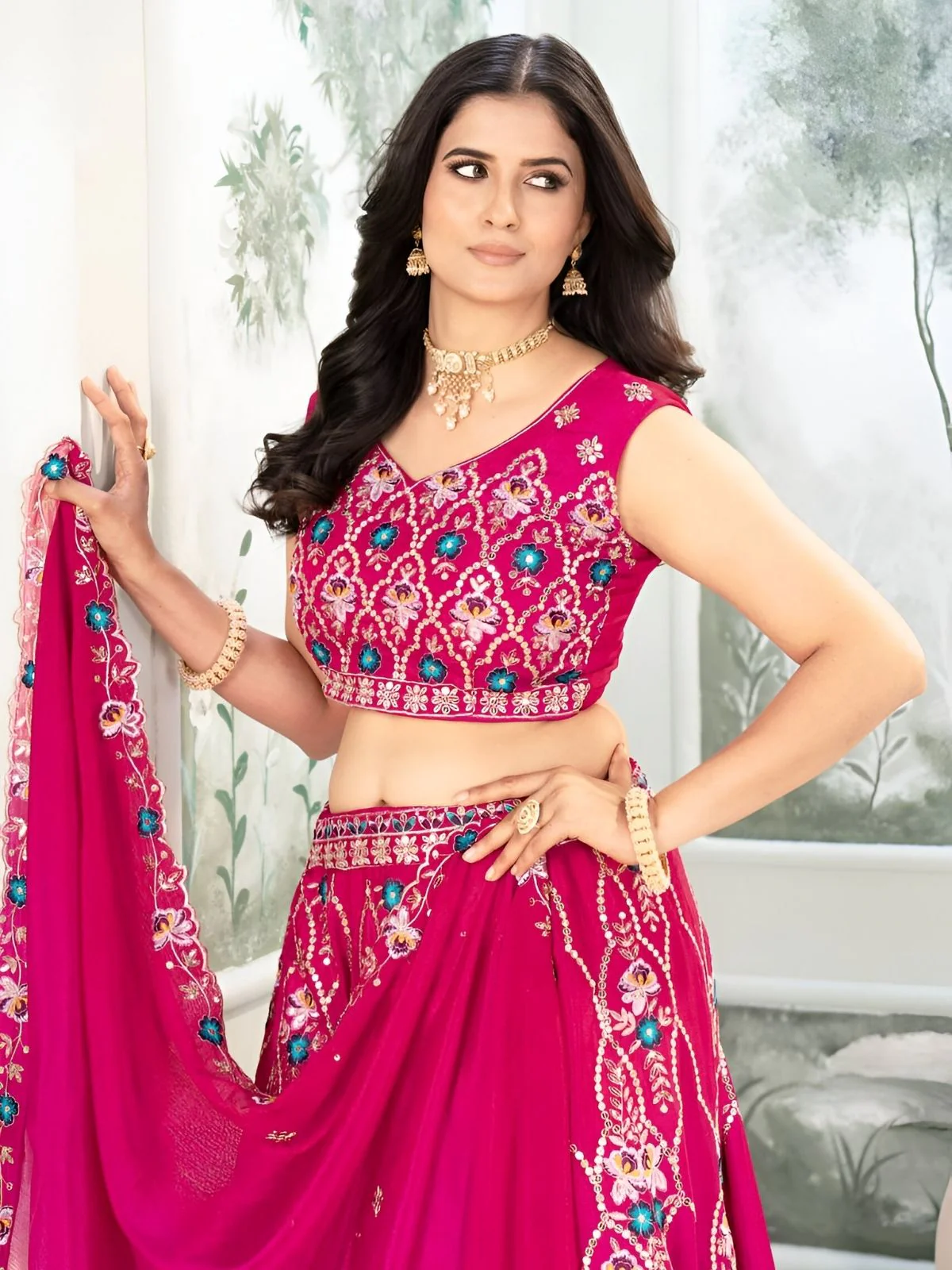 Odette Pink Chinon Embroidered Semi-Stitched lehenga For Women - Image 4