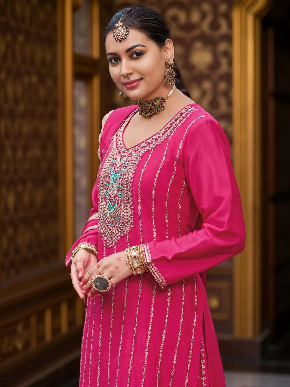 Odette Pink Chinon Embroidered Stitched Kurta Set For Women - Image 2