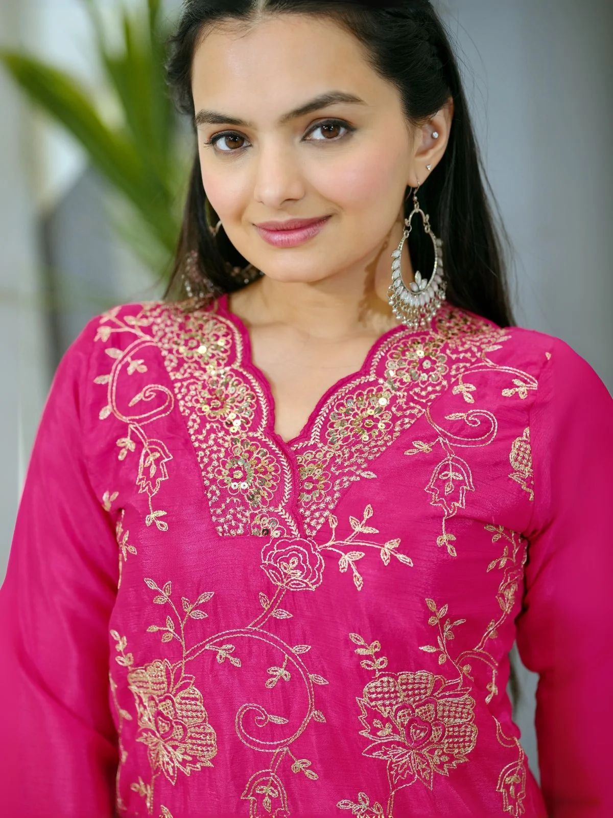 Odette Pink Chinon Embroidered Stitched Kurta Set For Women - Image 5