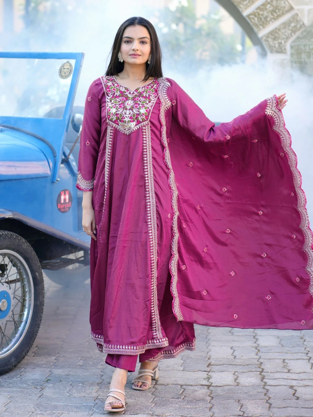 Odette Pink ChinonÂ Embroidered Stitched Kurta Set For Women - Image 2