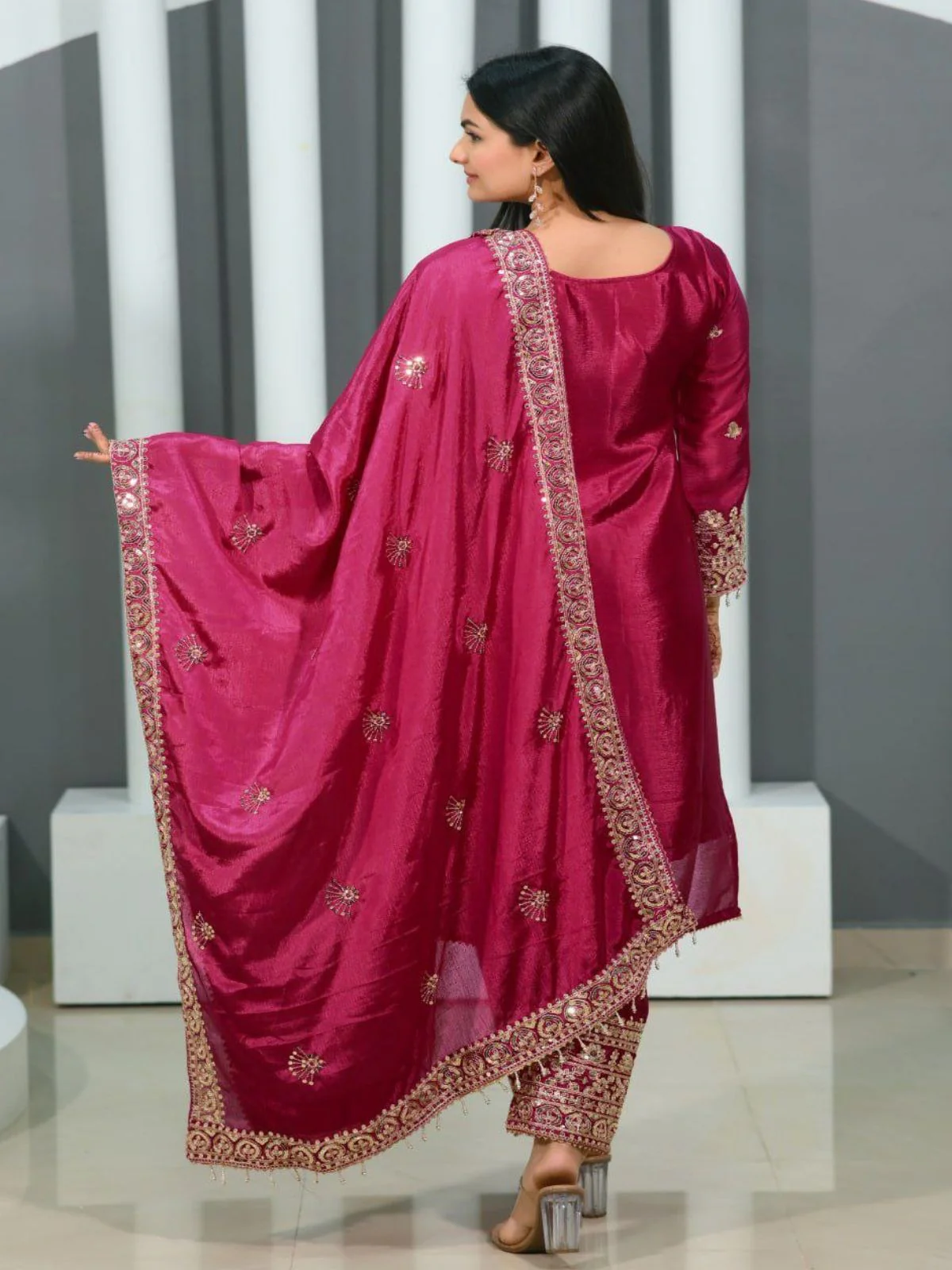 Odette Pink ChinonÂ Embroidered Stitched Kurta Set For Women - Image 2